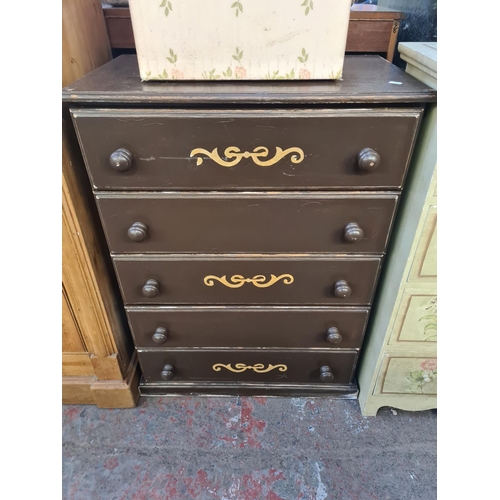 93 - Three pieces of furniture, one brown painted pine chest of five drawers, one floral decoupage chest ... 