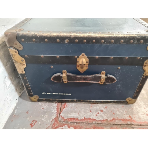 143J - A mid 20th century Victor Luggage blue travel trunk - approx. 37cm high x 91cm wide x 53cm deep