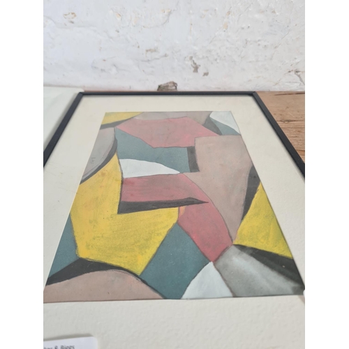 150 - Three framed abstract watercolours to include two signed E.M.F. - largest approx. 33cm x 25cm