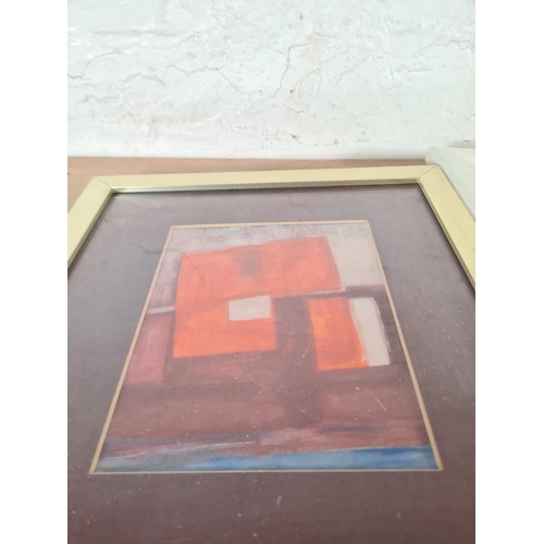 150 - Three framed abstract watercolours to include two signed E.M.F. - largest approx. 33cm x 25cm