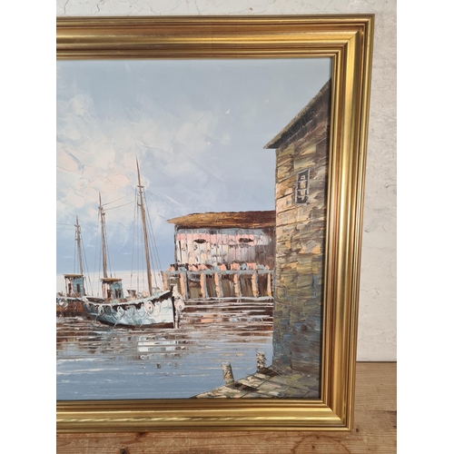 151 - A gilt framed oil on canvas of a harbour scene, signed W. Jones - approx. 71cm wide x 60cm high