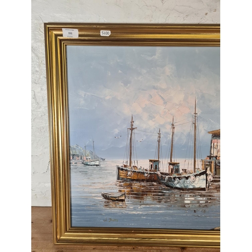 151 - A gilt framed oil on canvas of a harbour scene, signed W. Jones - approx. 71cm wide x 60cm high