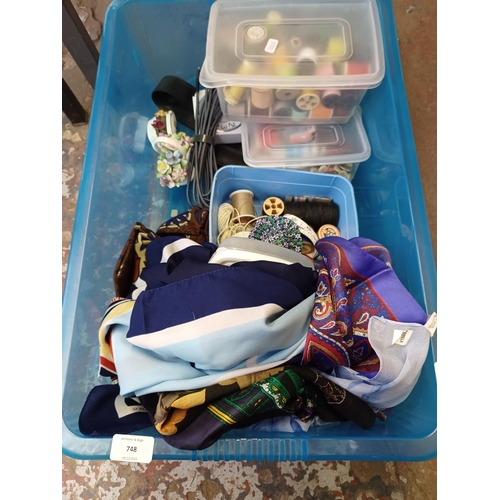 748 - A box containing scarves to include silk, sewing items, Royal Albert old country roses and Royal Dou... 