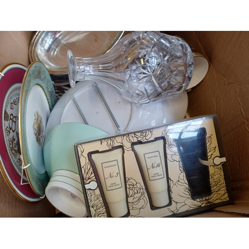 755 - Two boxes containing silver plated items, glassware and ceramics to include Aynsley, Minton, Royal W... 