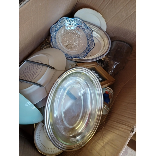 755 - Two boxes containing silver plated items, glassware and ceramics to include Aynsley, Minton, Royal W... 