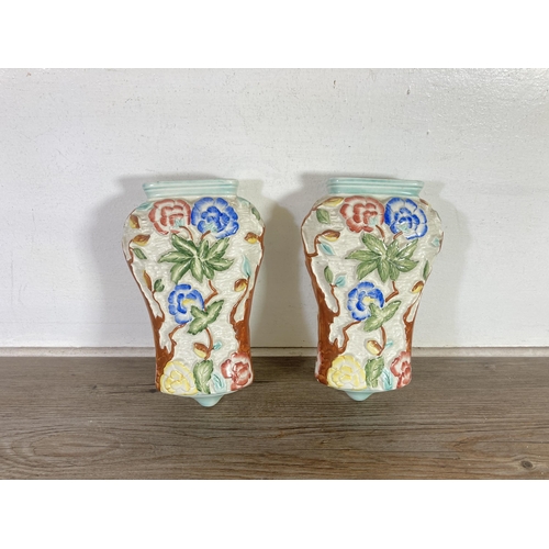 247 - Three pieces of H. J. Wood Ltd England Indian Tree hand painted pottery, two 23cm wall pockets and o... 