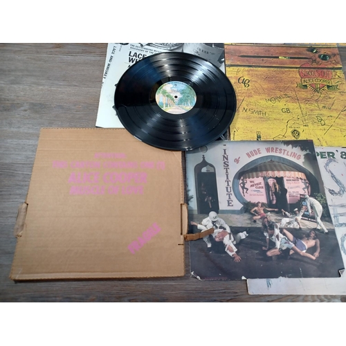 644 - Seven Alice Cooper vinyl records, one 'Pretties for You' (STS 1051 with promo sticker to front cover... 