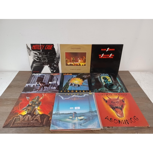 653 - Thirteen rock LP vinyl records, Mötley Crüe, Black Sabbath, Deep Purple, two Viva, Ratt, two Van Hal... 