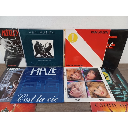 653 - Thirteen rock LP vinyl records, Mötley Crüe, Black Sabbath, Deep Purple, two Viva, Ratt, two Van Hal... 