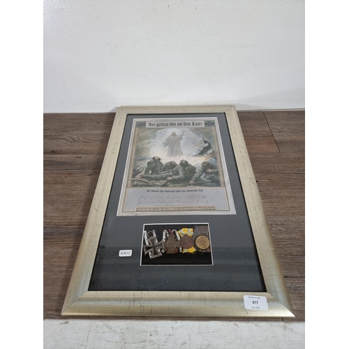 488 - A framed collection of four German WWI medals - approx. 62cm high x 39cm wide