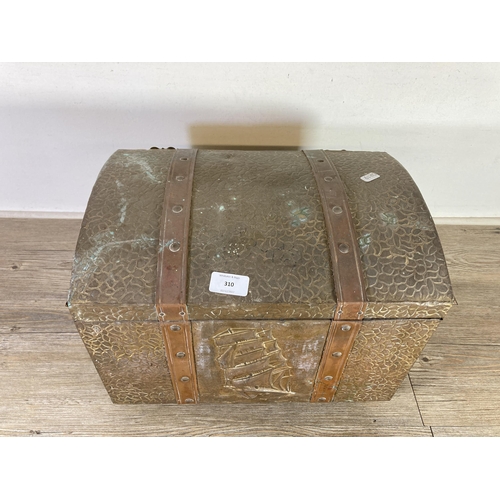 310 - A mid 20th century embossed brass and copper nautical design dome top coal box - approx. 28cm high x... 