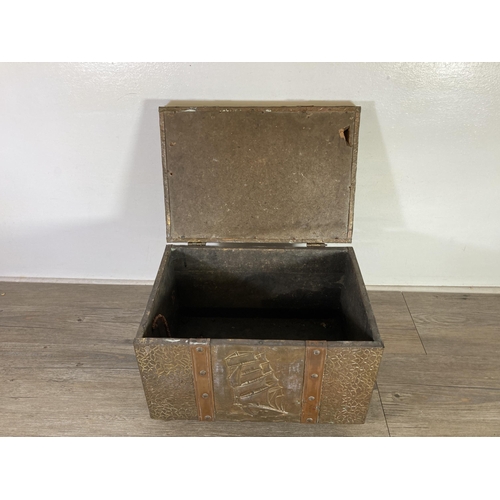 310 - A mid 20th century embossed brass and copper nautical design dome top coal box - approx. 28cm high x... 