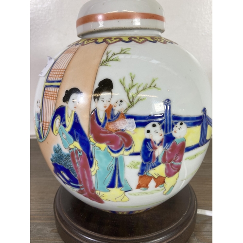 474 - A Chinese hand-painted porcelain ginger jar converted table lamp - approx. 28cm high