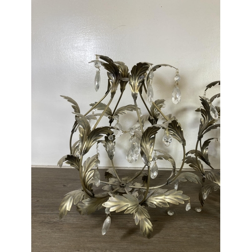 476 - Three brass effect leaf and droplet design chandelier light fittings