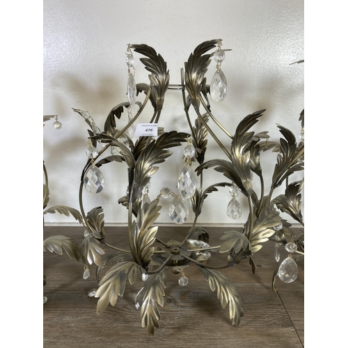 476 - Three brass effect leaf and droplet design chandelier light fittings