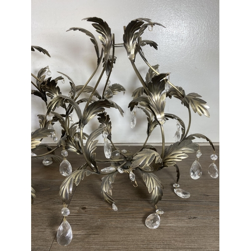 476 - Three brass effect leaf and droplet design chandelier light fittings