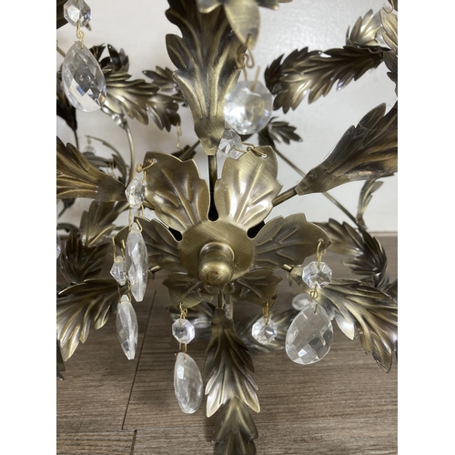 476 - Three brass effect leaf and droplet design chandelier light fittings