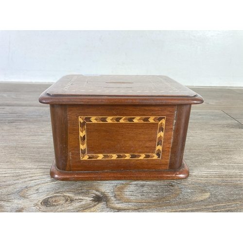 490 - An early 20th century inlaid mahogany money box - approx. 9cm high x 16cm wide x 13cm deep