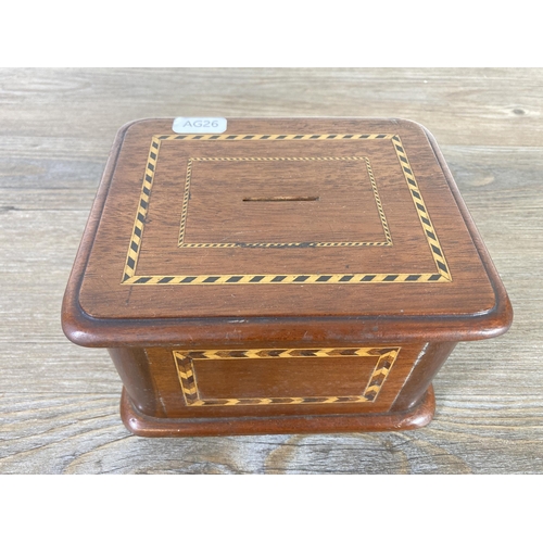 490 - An early 20th century inlaid mahogany money box - approx. 9cm high x 16cm wide x 13cm deep