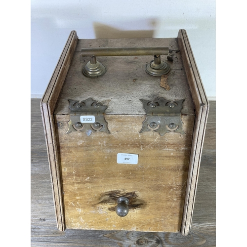 497 - An Edwardian mahogany and brass coal scuttle - approx. 32cm high x 28cm wide x 39cm deep