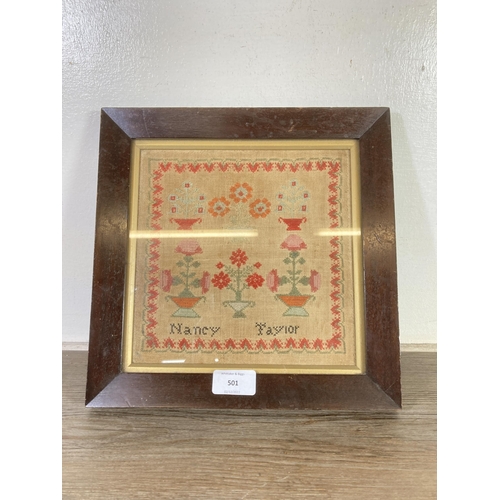 501 - A 19th century mahogany framed sampler - approx. 28cm x 28cm