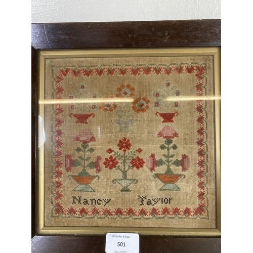 501 - A 19th century mahogany framed sampler - approx. 28cm x 28cm