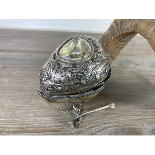 509 - A 19th century Scottish white metal and ram's horn snuff mull with large faceted citrine coloured st... 