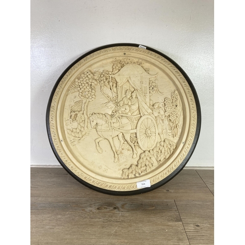 514 - A Chinese resin circular wall plaque depicting a horse and carriage - approx. 50cm diameter