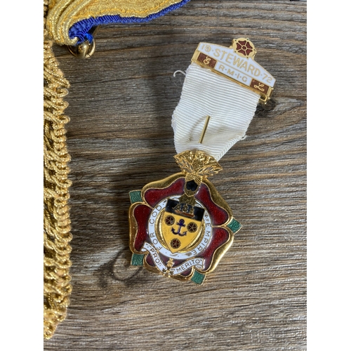 515 - A collection of mid 20th century Masonic regalia to include 1972 R. M. I. G enamel jewel, dress coll... 