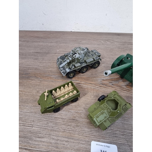 346 - Seven military toys to include Britains Ltd., Dinky anti-tank gun, Dinky Supertoys Centurion tank, M... 