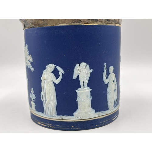 226 - A 19th century Wedgwood cobalt blue Jasperware and silver plate biscuit barrel - approx. 18cm high