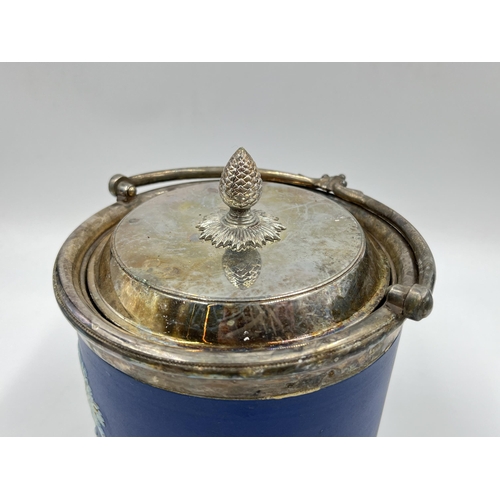 226 - A 19th century Wedgwood cobalt blue Jasperware and silver plate biscuit barrel - approx. 18cm high