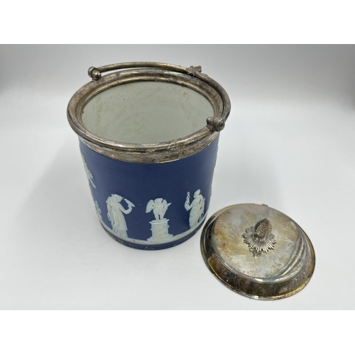 226 - A 19th century Wedgwood cobalt blue Jasperware and silver plate biscuit barrel - approx. 18cm high