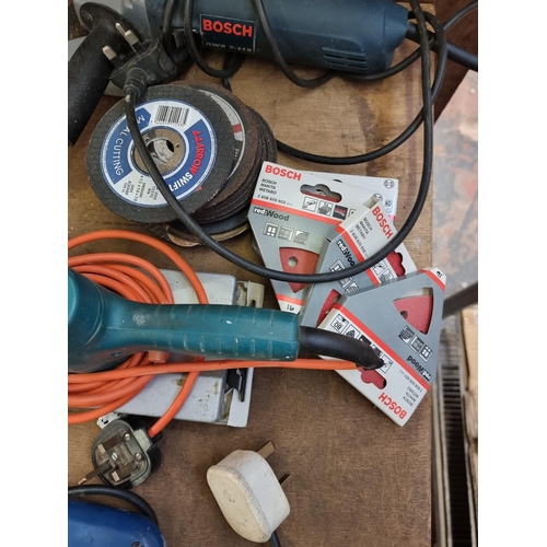 579 - Four 240v power tools, two Bosch saws, one Black & Decker sander and one Bosch angle grinder