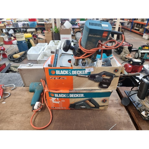 586 - Four Black & Decker 240v power tools, one plunge router, one hot air gun, one boxed KA292E sander an... 