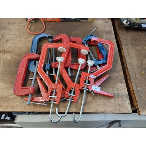 587 - Nine G clamps to include six cast iron etc.