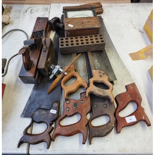 603 - A collection of antique and vintage tools to include mahogany wood plane, oak cased Amperes meter, D... 