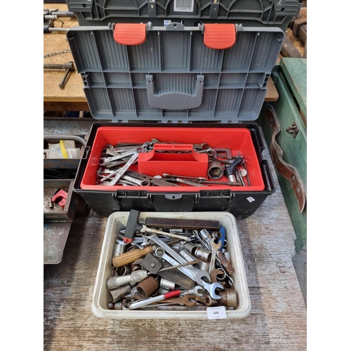 608 - Two boxes containing tools to include drill bits, spanners, screwdrivers etc.