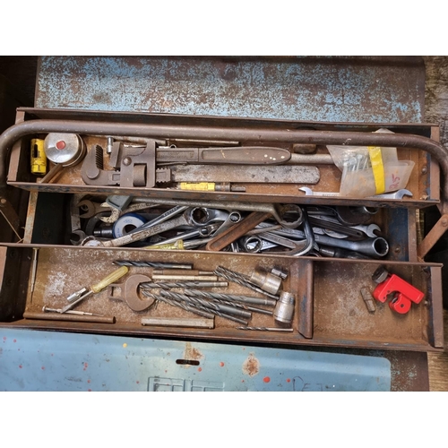 609 - Two vintage metal cantilever tools chests containing a large collection of tools to include spanners... 