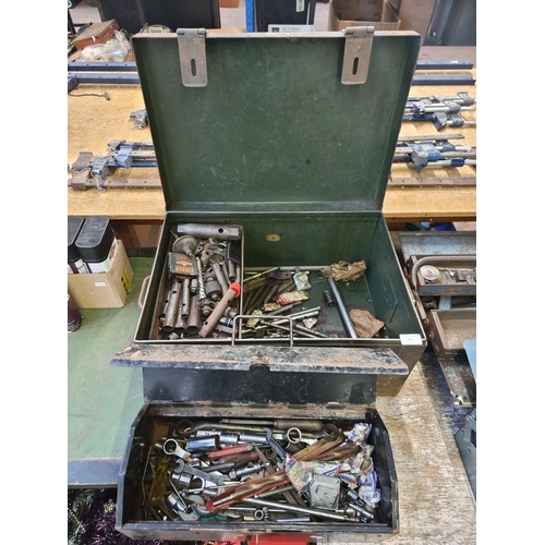 610 - Two vintage metal tool boxes containing tools to include spanners, screwdrivers, sockets etc.