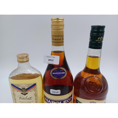 550 - Three bottles of French brandy, one 70cl Three Barrels V.S.O.P. bottled at 38%, one 70cl Aldi Napole... 