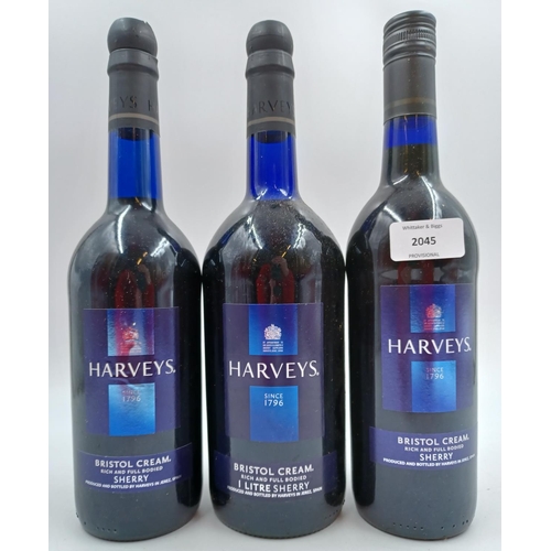 593 - Three bottles of Harvey's Bristol Cream sherry, one 1L and two 75cl - all bottled at 17.5%