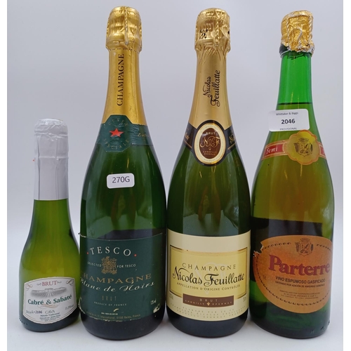 594 - Four bottles of sparkling wine, one 75cl Nicolas Feuillatte Brut Champagne - bottled at 12%, one 75c... 