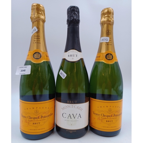 596 - Three 75cl bottles of sparkling wine, two Veuve Clicquot Ponsardin brut Champagne - bottled at 12% a... 