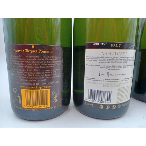 596 - Three 75cl bottles of sparkling wine, two Veuve Clicquot Ponsardin brut Champagne - bottled at 12% a... 