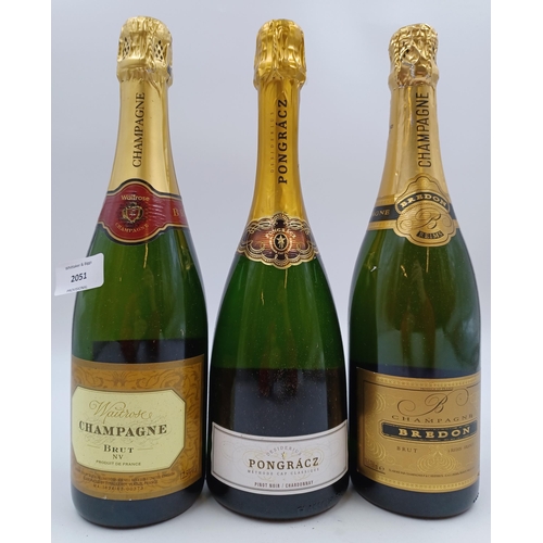 599 - Three 75cl bottles of sparkling wine, one Waitrose brut Champagne - bottled at 12.5%, one Bredon bru... 