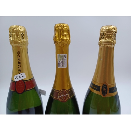 599 - Three 75cl bottles of sparkling wine, one Waitrose brut Champagne - bottled at 12.5%, one Bredon bru... 