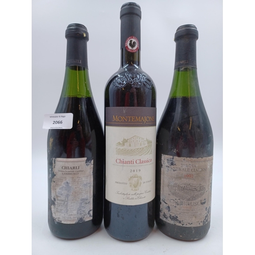 615 - Three 75cl bottles of Italian red wine, two 1992 Chiarli Lambrusco and one 2019 Montemajone Chianti ... 