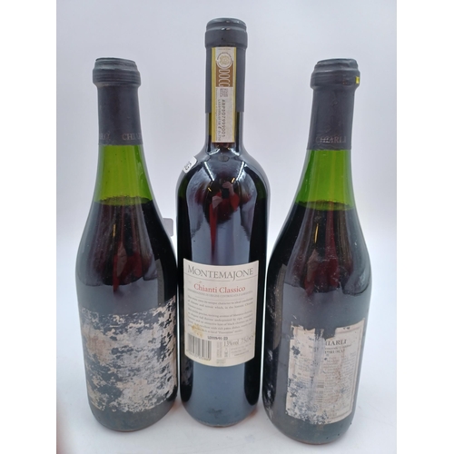 615 - Three 75cl bottles of Italian red wine, two 1992 Chiarli Lambrusco and one 2019 Montemajone Chianti ... 