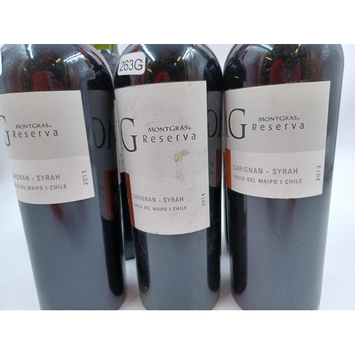 627 - Six 75cl bottles of Chilean MontGras MG Reserva Carignan/Syrah red wine, one 2012, three 2013 and tw... 